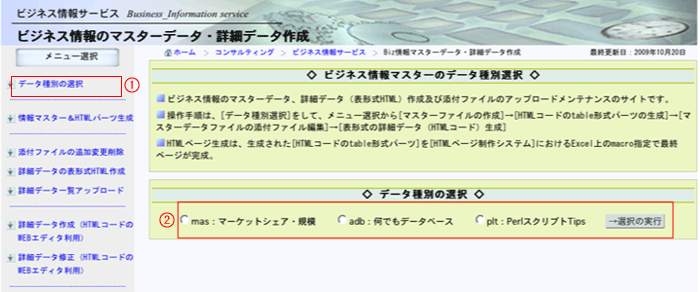 Biz情報ブログHTMLページ作成システムのデータ種別の選択