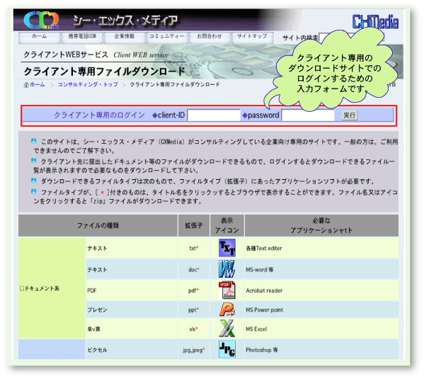 クライアント専用ダウンロードリスト初期表示からのログイン