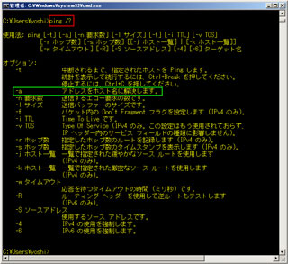 ネットワークコマンドの「ping」のヘルプ表示