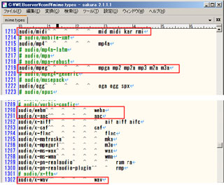 主な「audio」のMIMEデフォルト設定