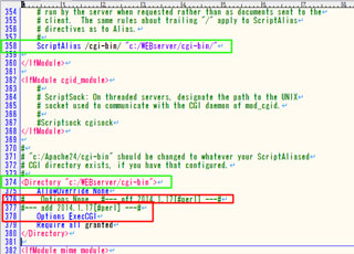 仮想ディレクトリ「/cgi_bin/」のスクリプト実行指定「Options ExecCGI」の追加