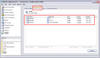 「world」DBの「Schema Indices」一覧表示