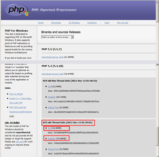 PHPダウンロードサイトの「PHP 5.3 VC9 x86 Thread Safe」を選択