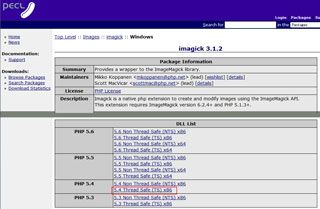 「imagick-3.1.2」の「5.4 Thread Safe (TS) x86」ダウンロード