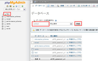 データベース「school」の作成の操作